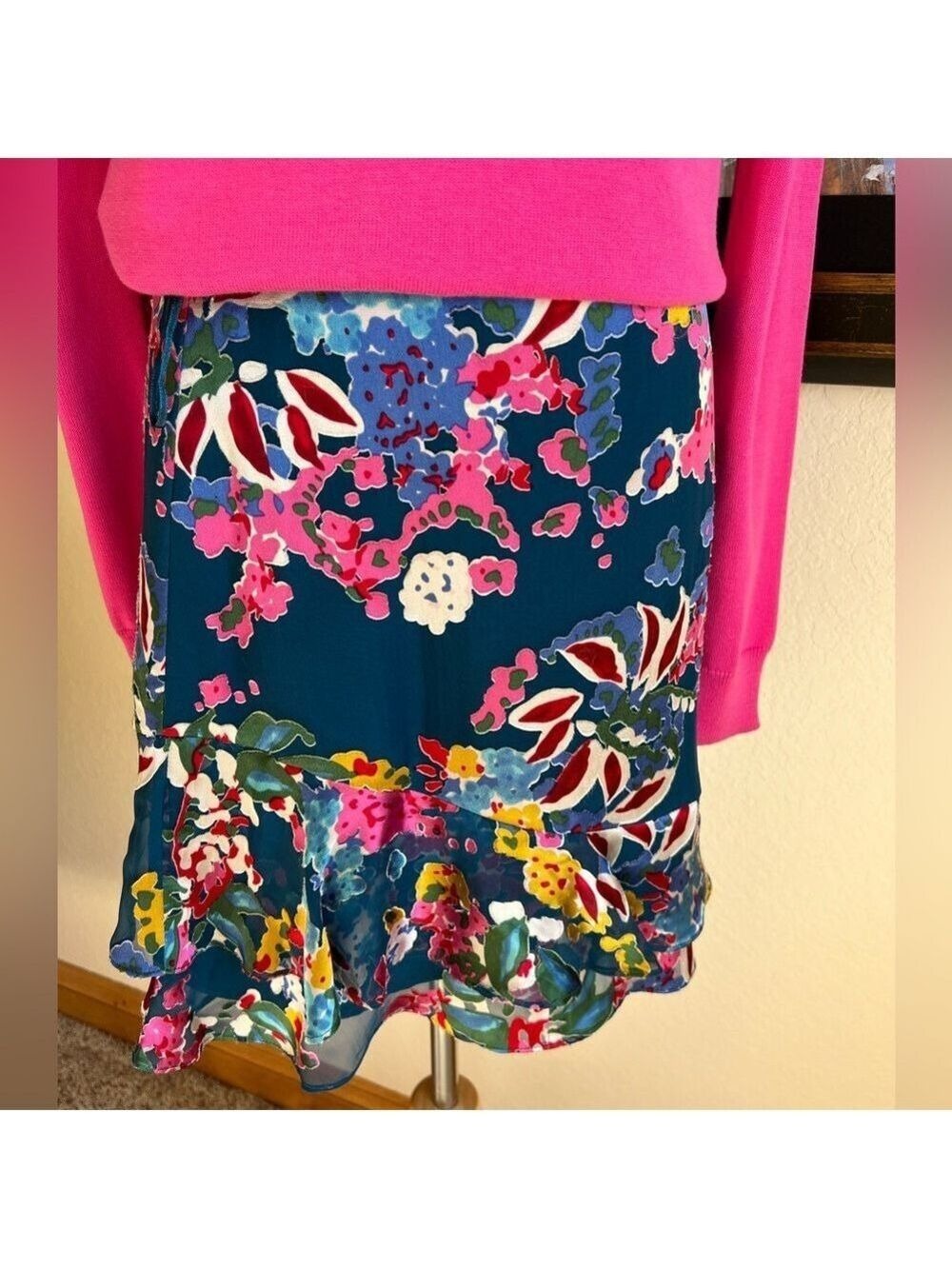 Saloni Size 4 Silk Velvet Skirt Blue Floral